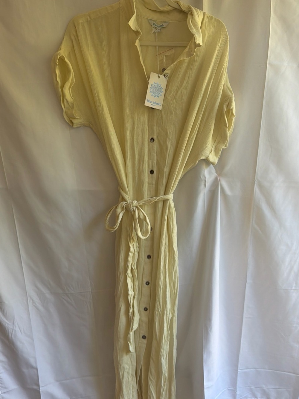 blue island Light Yellow Button-Front Maxi Dress with Tie Waist
